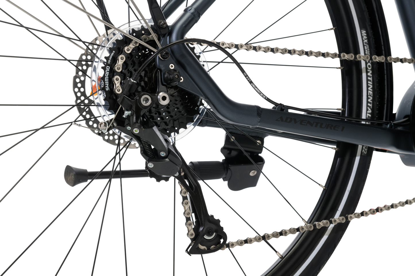 Adventure eBike in Charcoal showing shimano 9-speed rear derailluer from Reid Cycles Australia