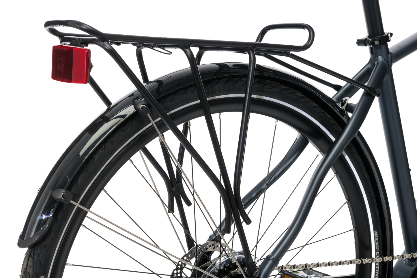 Adventure eBike in Charcoal showing rear pannier rack and mudguard from Reid Cycles Australia