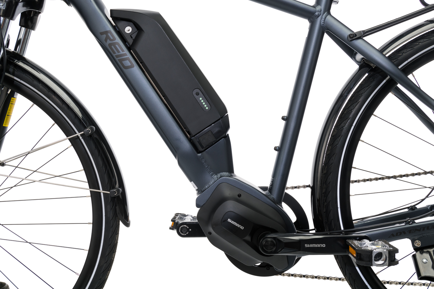 Adventure eBike in Charcoal showing Shimano motor and battery from Reid Cycles Australia