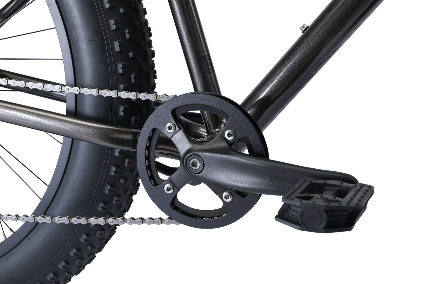 Alpha Fat Bike in Charcoal showing drivetrain and pedal from Reid Cycles Australia 