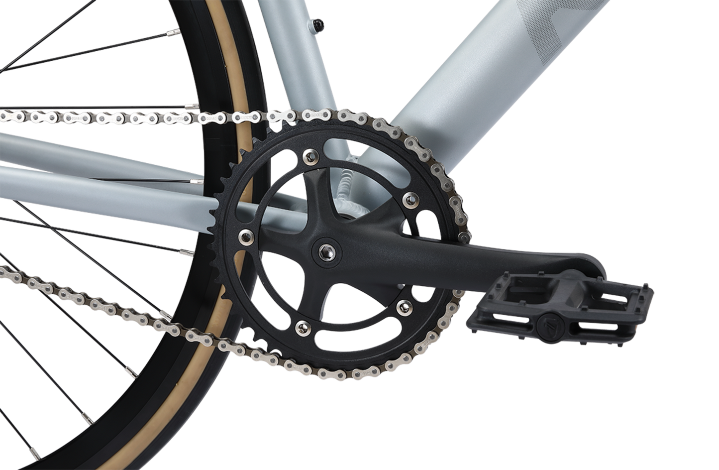 Blackhawk singlespeed bike in silver showing drivetrain and pedal from Reid Cycles Australia