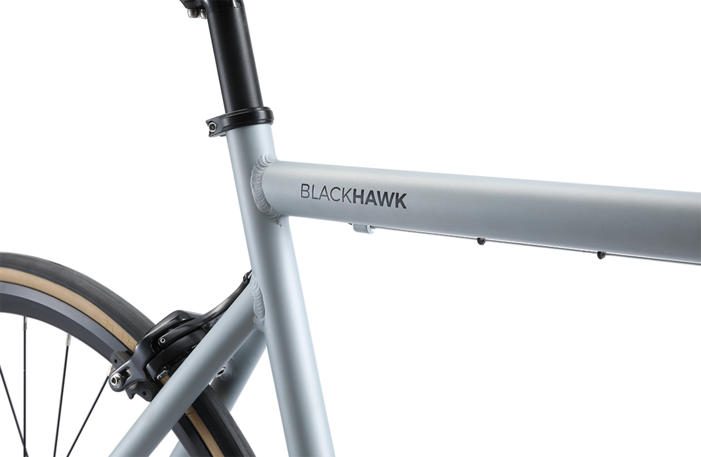 Blackhawk singlespeed bike in silver showing blackhawk logo on bike frame from Reid Cycles Australia