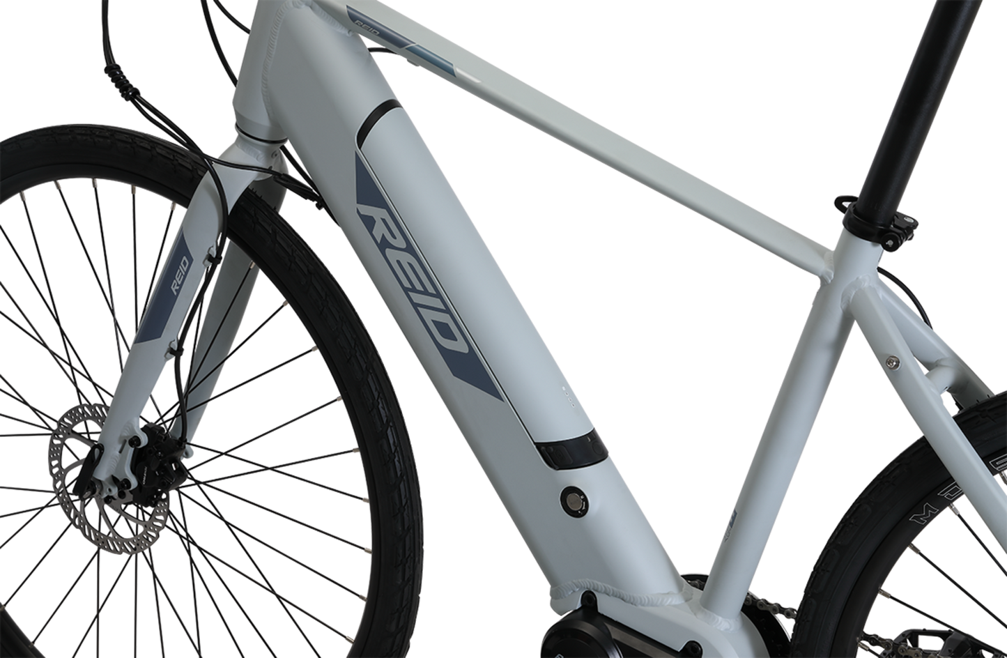 Blacktop 2.0 Electric Bike in Light Grey showing Reid logo on bike frame from Reid Cycles Australia