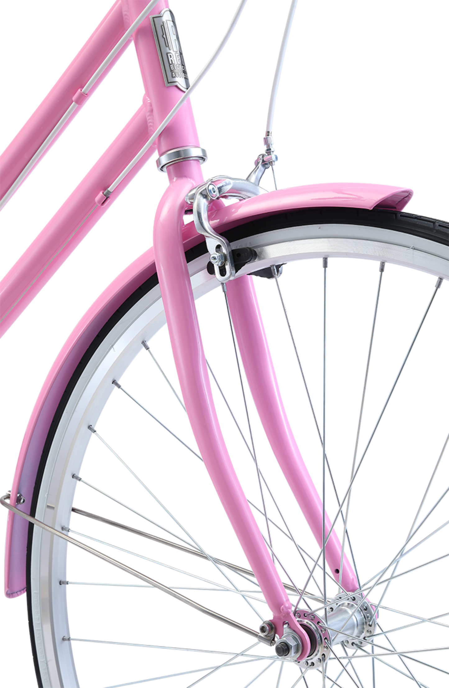 Ladies Classic Plus Vintage Bike in Pink showing front mudguard and white-walled tyres from reid cycles australia