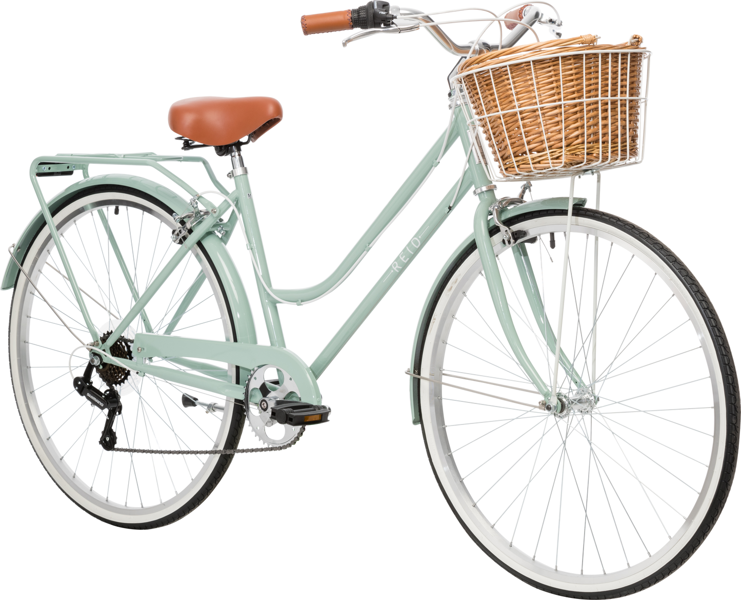 Ladies Classic Plus Vintage Bike in white on front angle featuring front wicker basket from Reid Cycles Australia