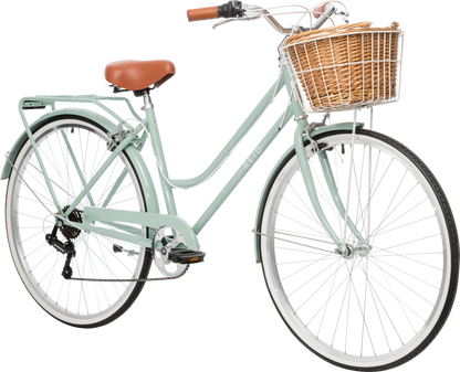 Ladies Classic Plus Vintage Bike in white on front angle featuring front wicker basket from Reid Cycles Australia