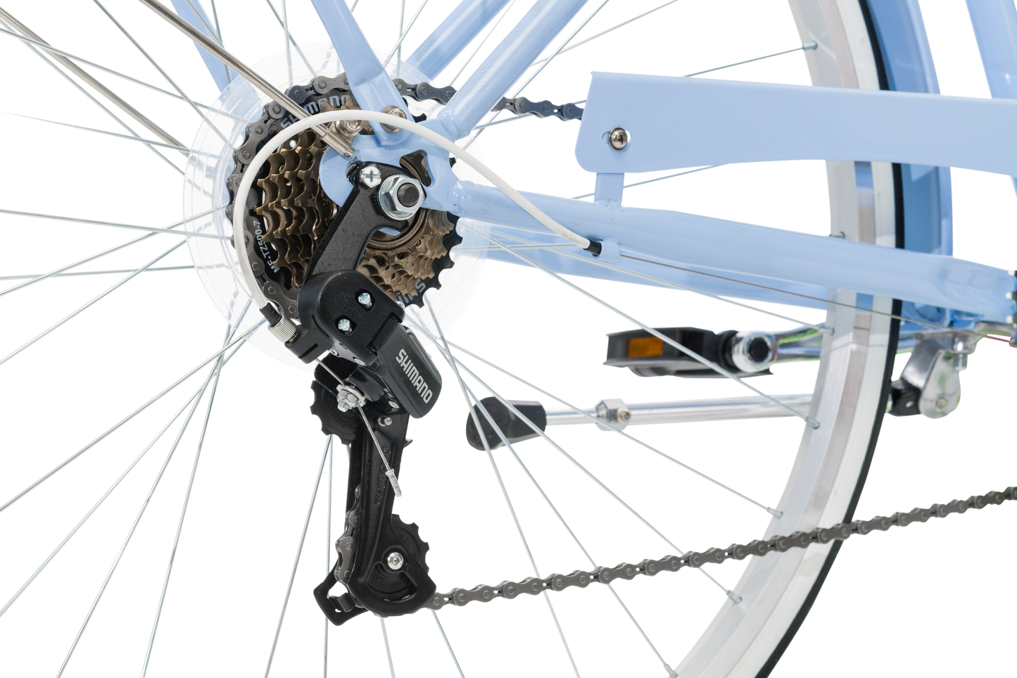 Ladies Classic Plus Vintage Bike in Sky Blue showing Shimano 7-speed rear derailleur from Reid Cycles Australia