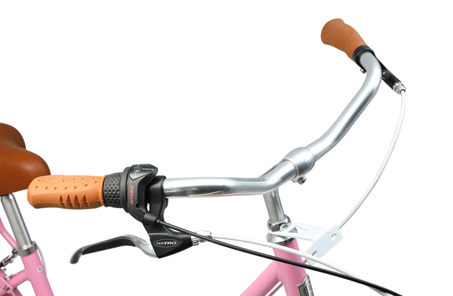 Ladies Deluxe Vintage Bike in Pink showing vintage handlebars and Tektro brake levers from Reid Cycles Australia