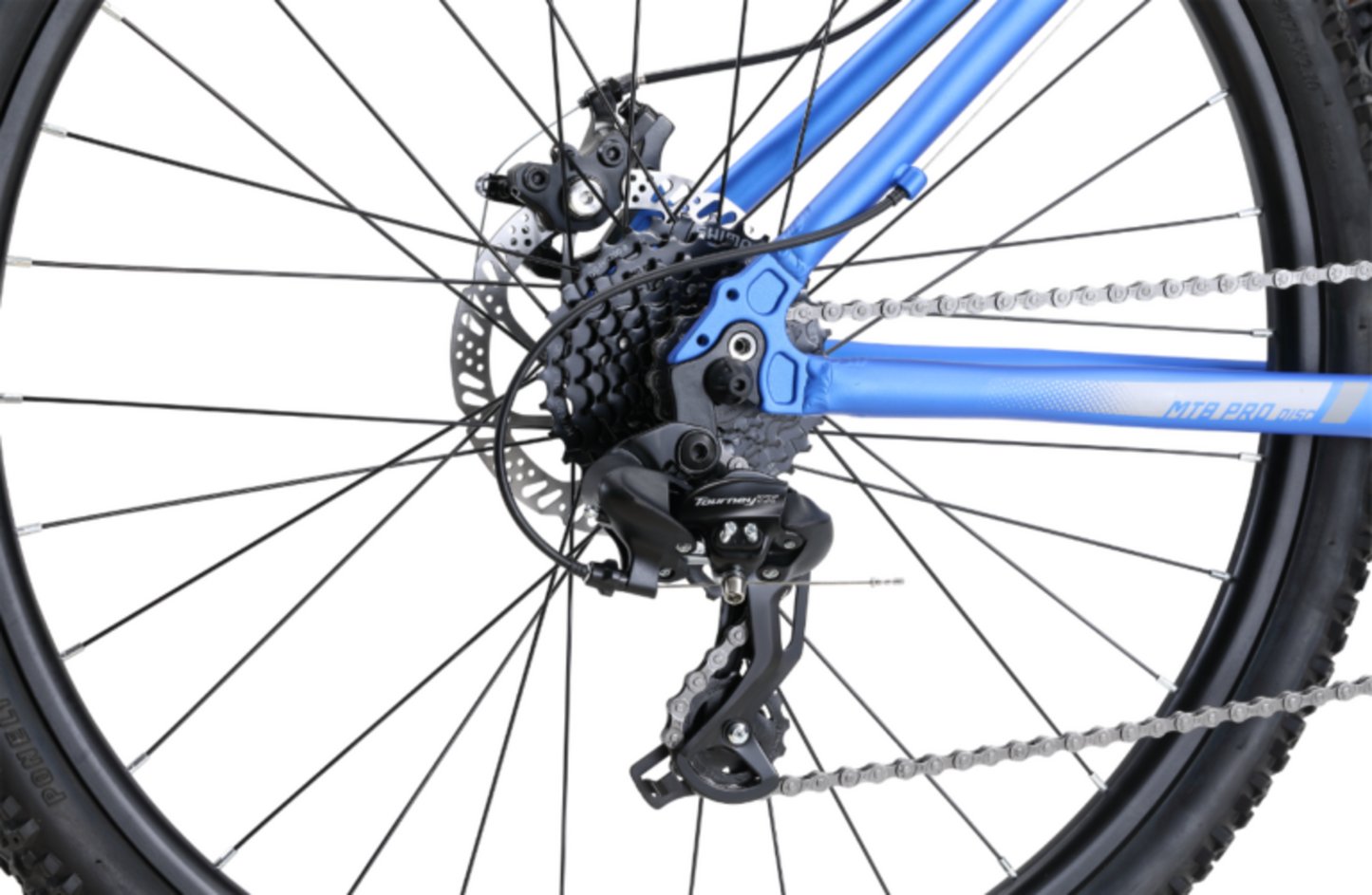 The MTB Pro 27.5" Disc Mountain Bike in Matte Blue showing rear derailleur from Reid Cycles Australia