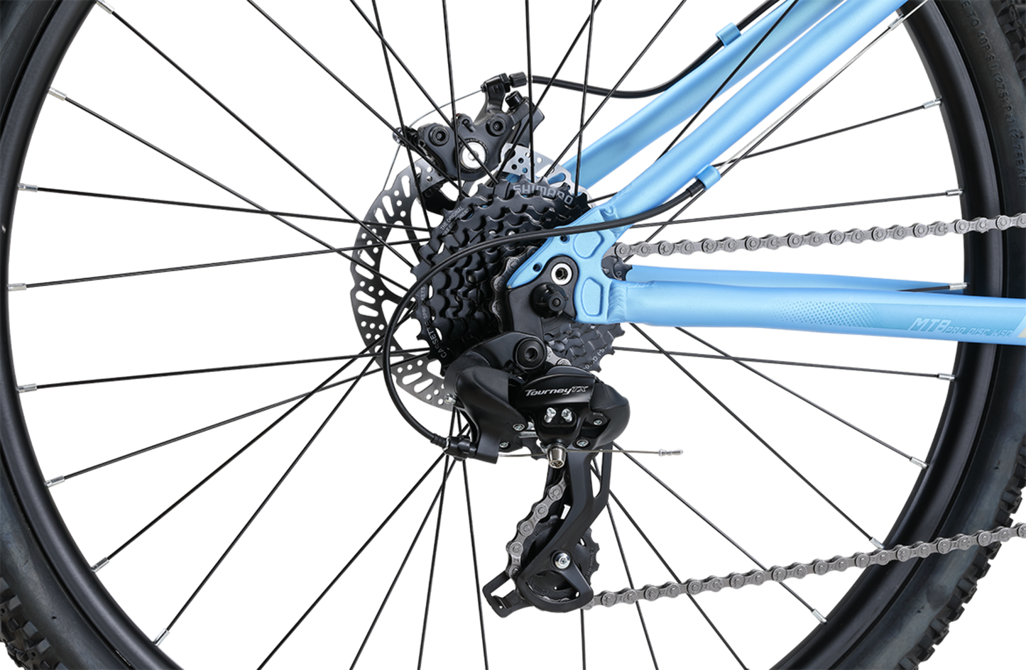 MTB Pro 27.5" Disc WSD Mountain Bike in light blue showing  Shimano 8-speed rear derailleur from Reid Cycles Australia 