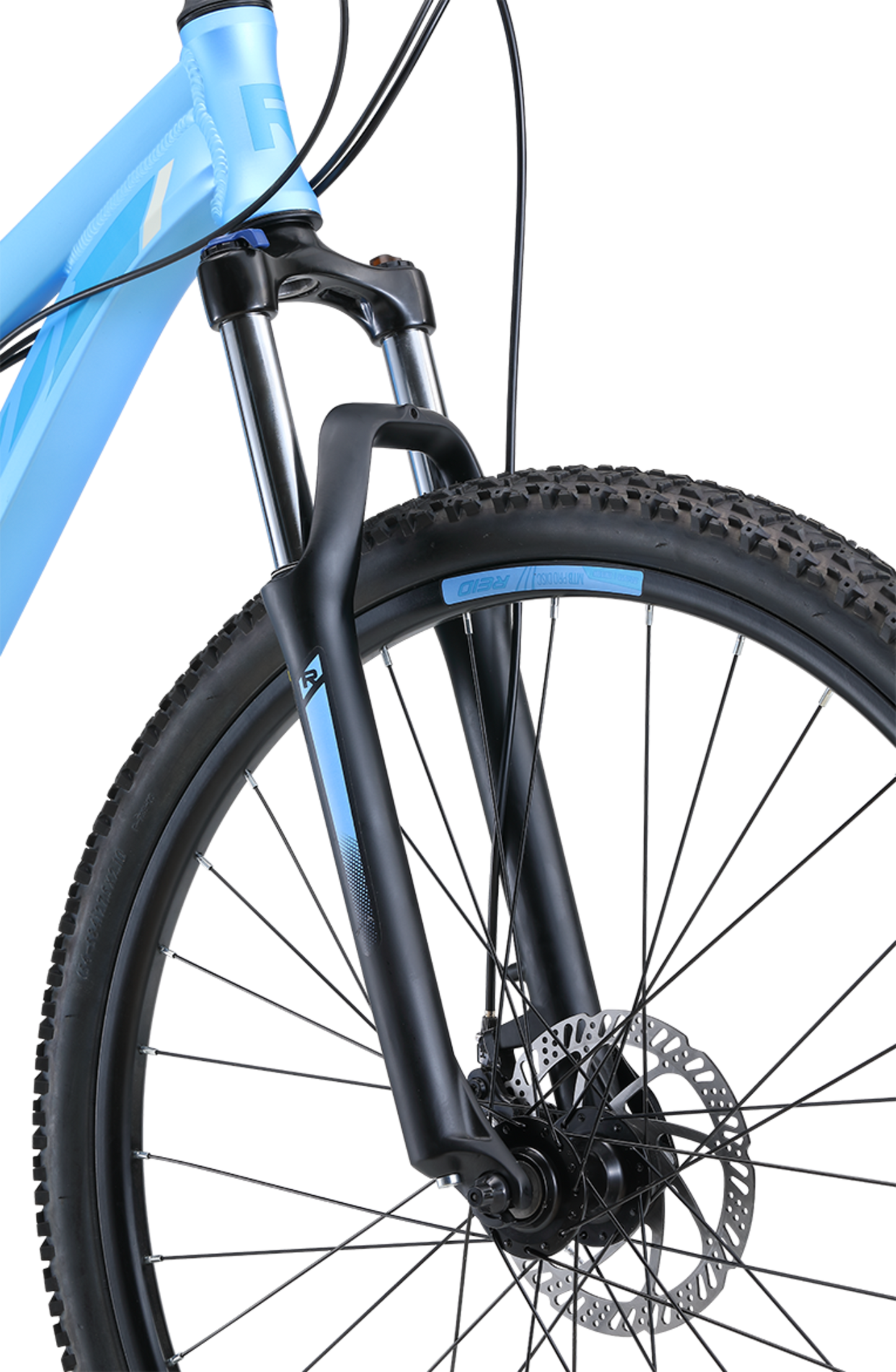 MTB Pro 27.5" Disc WSD Mountain Bike in light blue showing Zoom suspension fork from Reid Cycles Australia