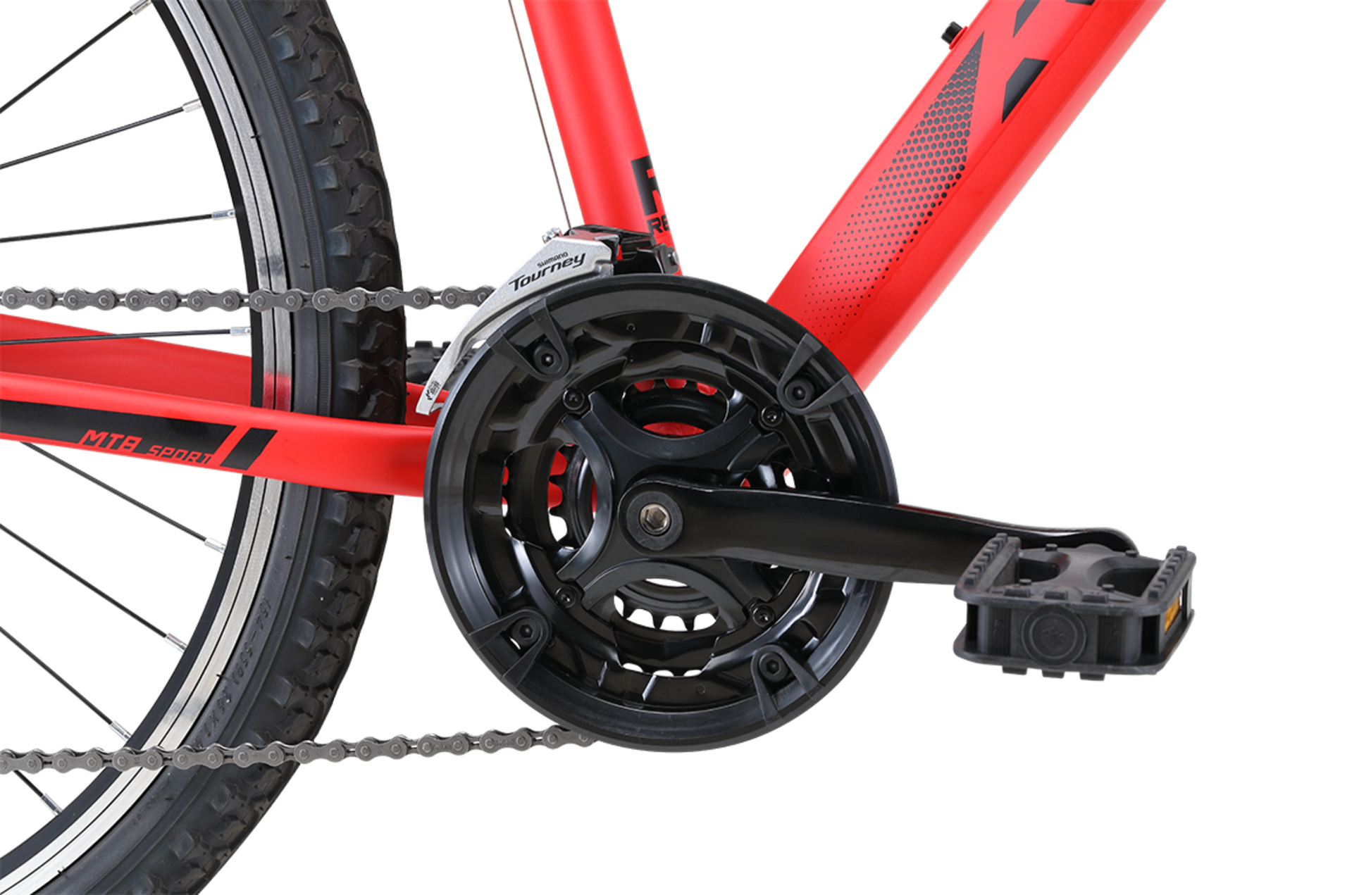MTB Sport Mountain Bike in Red showing drivetrain and pedal from Reid Cycles Australia