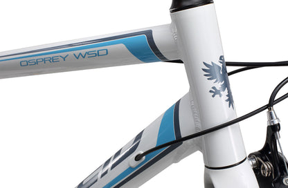 Osprey WSD women's Road Bike in white blue showing Reid logo on the downtube from Reid Cycles Australia