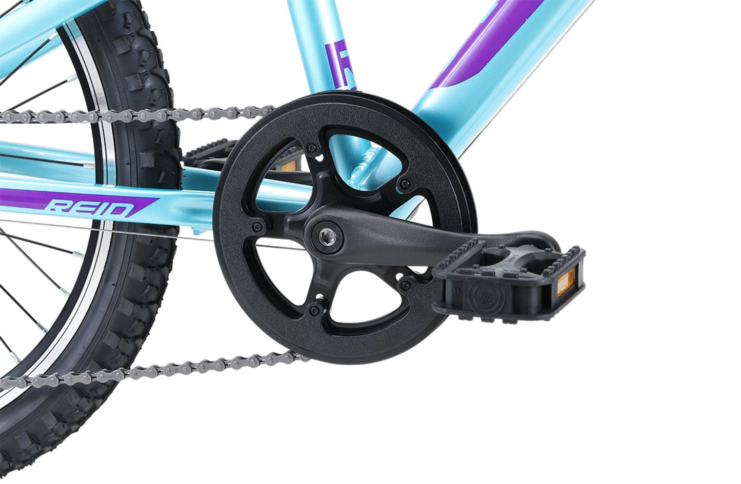 Scout 20" Kids Bike in light aqua showing drivetrain and pedal from Reid Cycles Australia