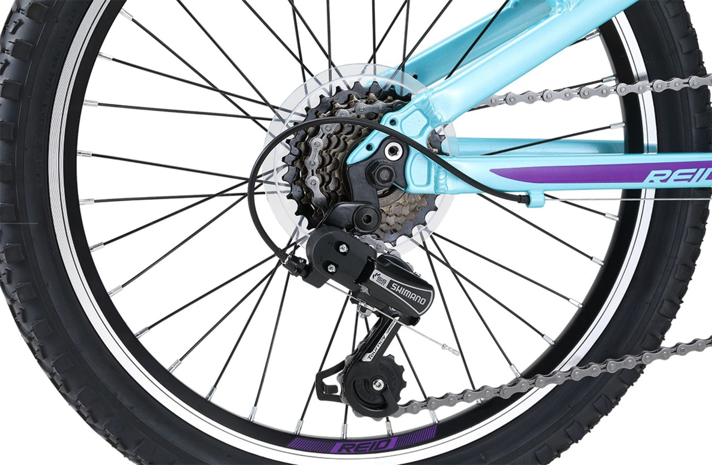 Scout 20" Kids Bike in light aqua showing Shimano 7-speed rear derailleur from Reid Cycles Australia