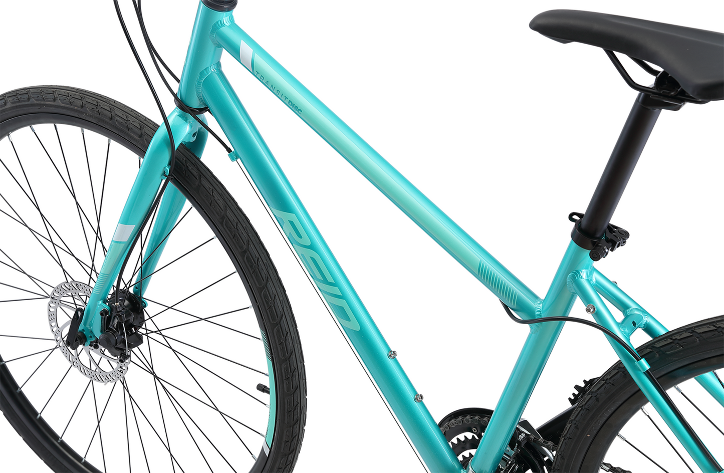 Transit Disc WSD women's commuter bike in green showing Reid logo on hybrid bike frame from Reid Cycles Australia