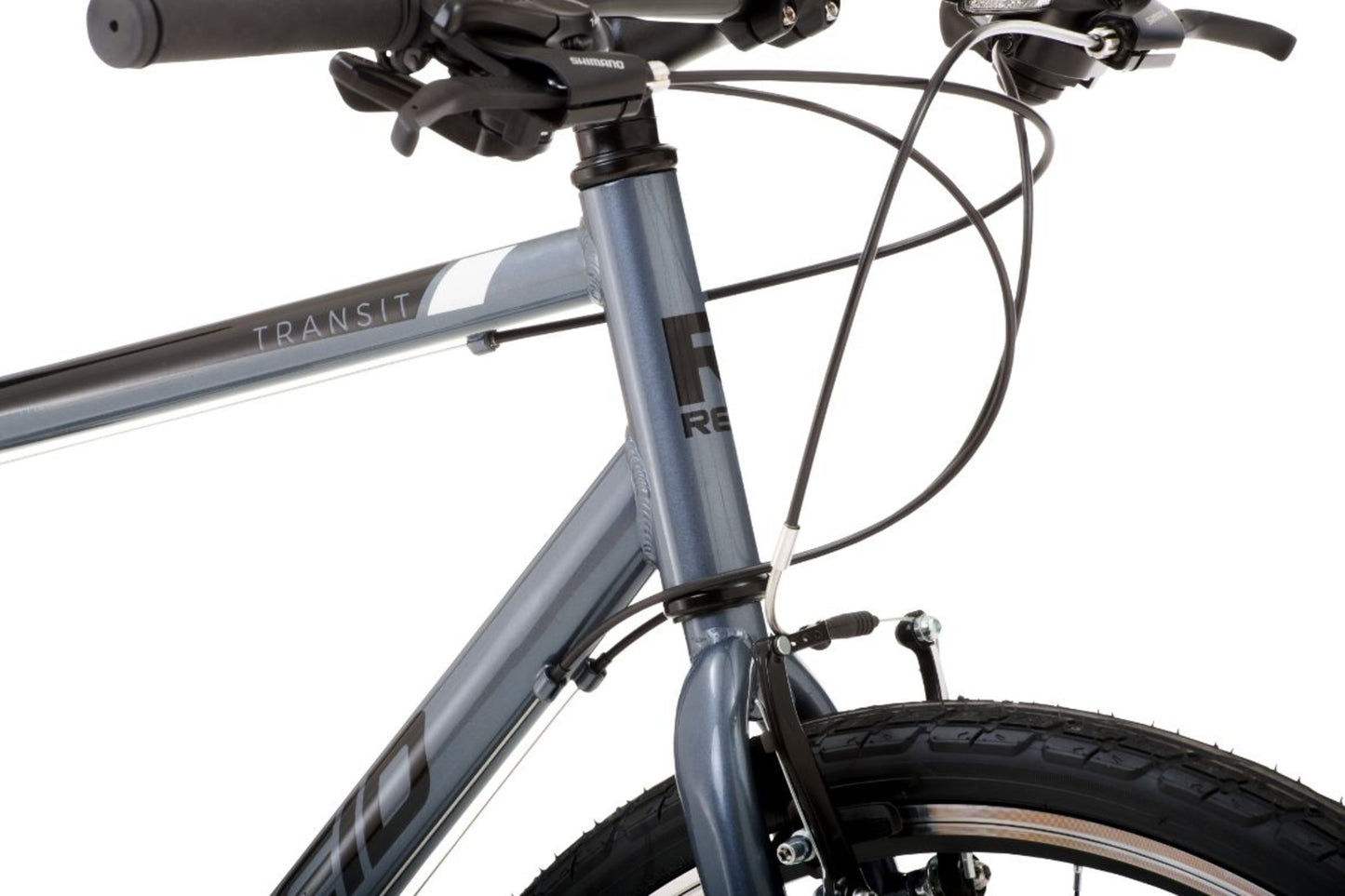 Transit Hybrid Commuter Bike in Grey showing Reid logo on bike frame from Reid Cycles Australia