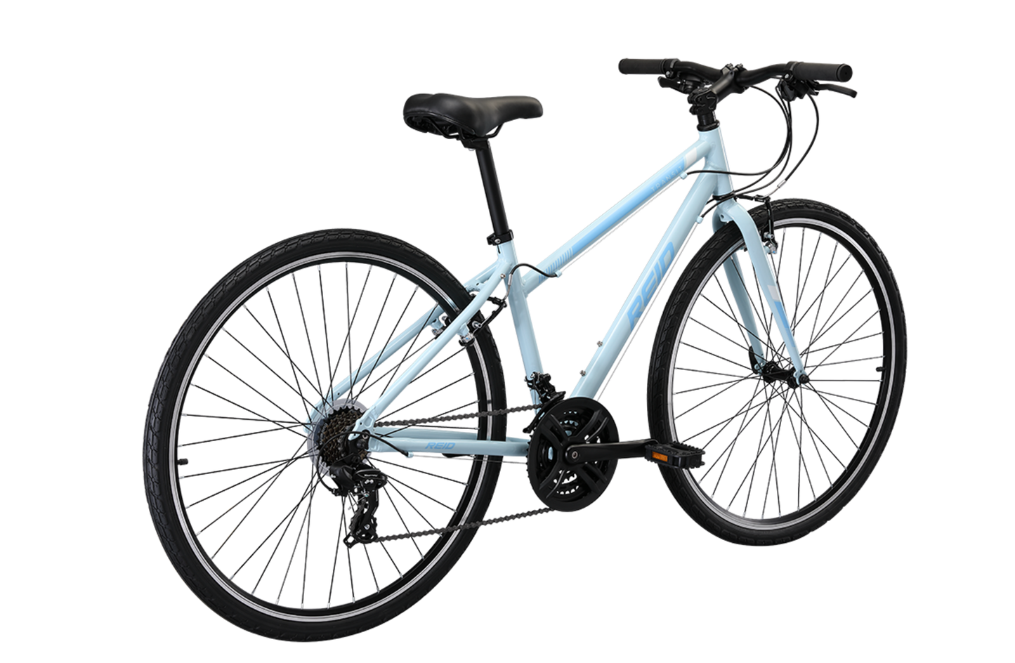 Transit WSD women's commuter bike in baby blue on rear angle from Reid Cycles Australia