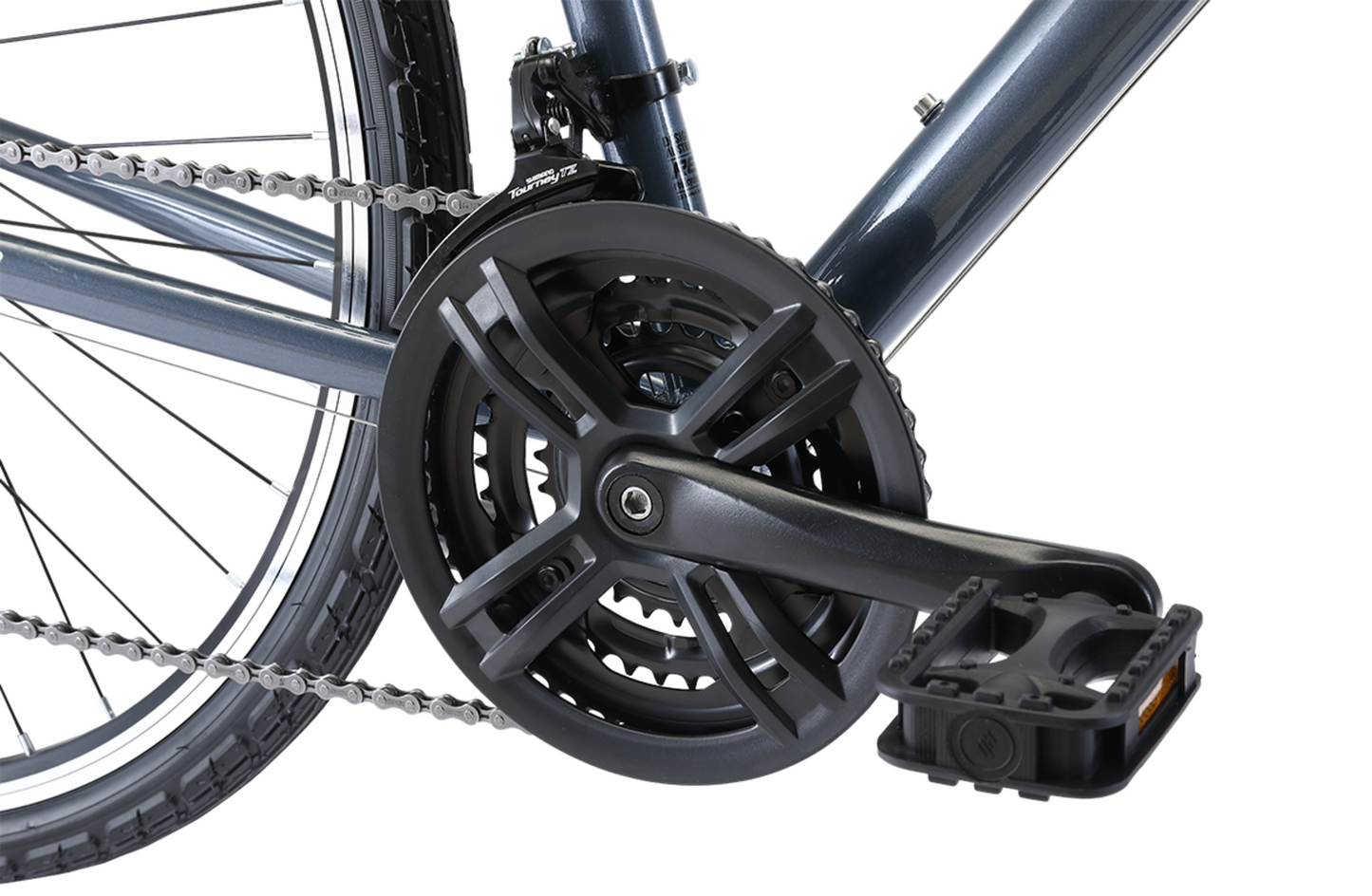 Transit WSD Grey women's commuter bike in grey showing drivetrain and pedal from Reid Cycles Australia