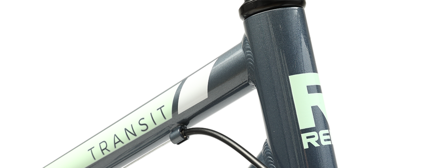 Transit WSD Grey women's commuter bike in grey showing Reid Transit logo on bike frame from Reid Cycles Australia