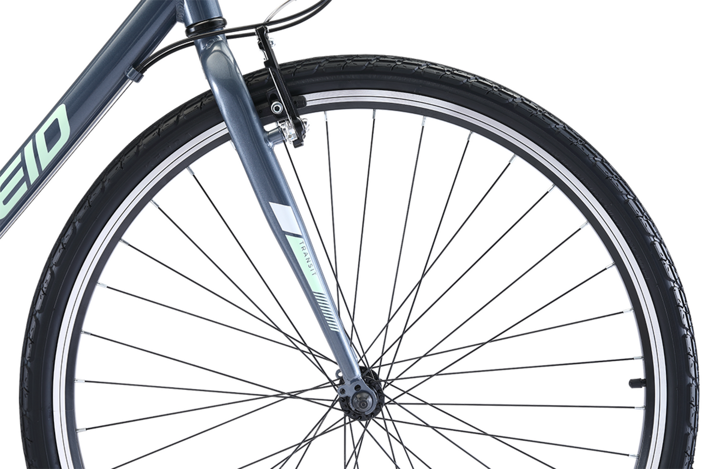 Transit WSD Grey women's commuter bike in grey showing front commuter tyre from Reid Cycles Australia