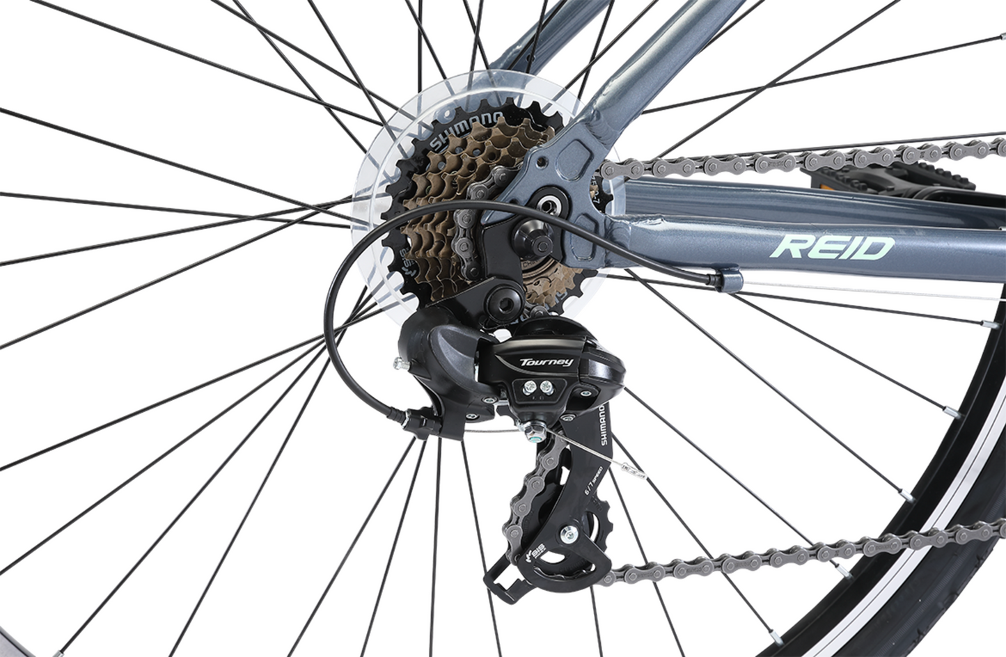 Transit WSD Grey women's commuter bike in grey showing Shimano 7-speed rear derailleur from Reid Cycles Australia