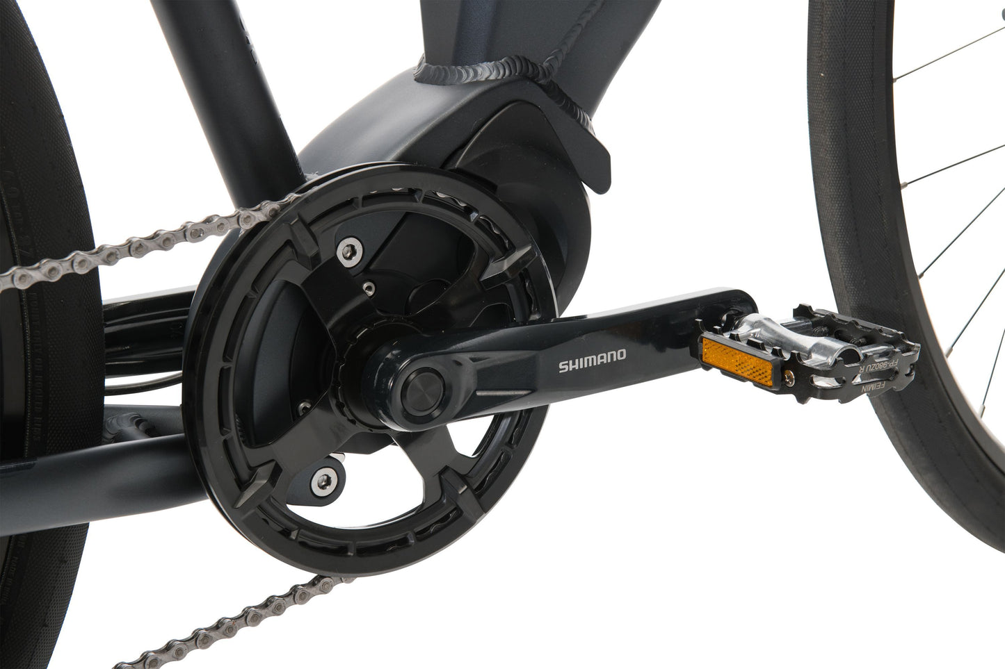 Urban+ Electric Bike in Black showing drivetrain and pedal from Reid Cycles Australia