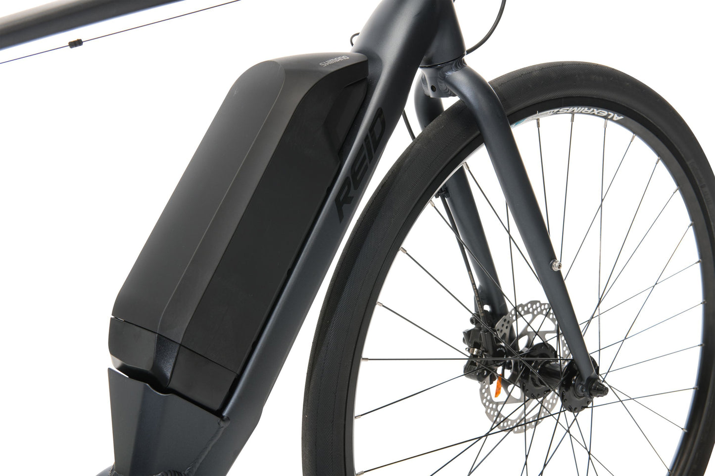 Urban+ Electric Bike in Black showing battery on bike frame from Reid Cycles Australia