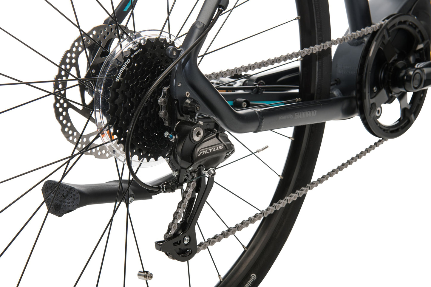 Urban+ Electric Bike in Black showing Shimano 9-speed rear derailleur from Reid Cycles Australia