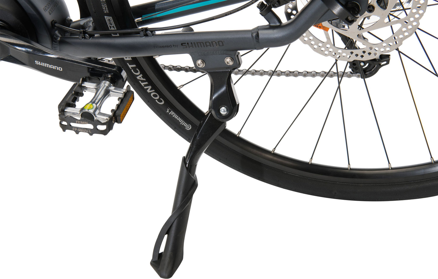 Urban+ Electric Bike in Black showing kickstand from Reid Cycles Australia