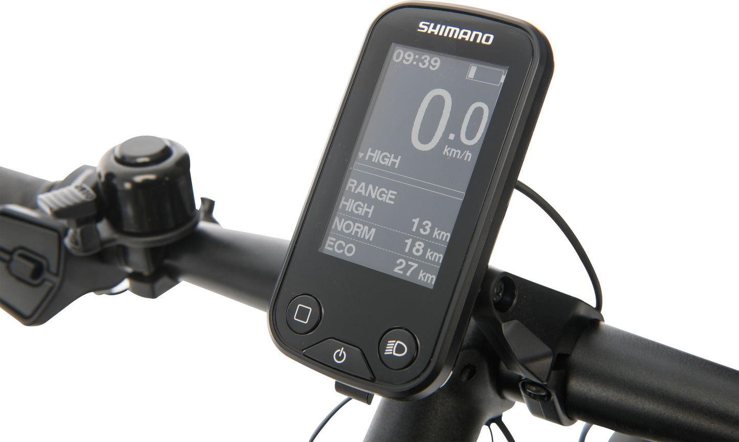 Urban+ Electric Bike in Black showing Shimano info display from Reid Cycles Australia