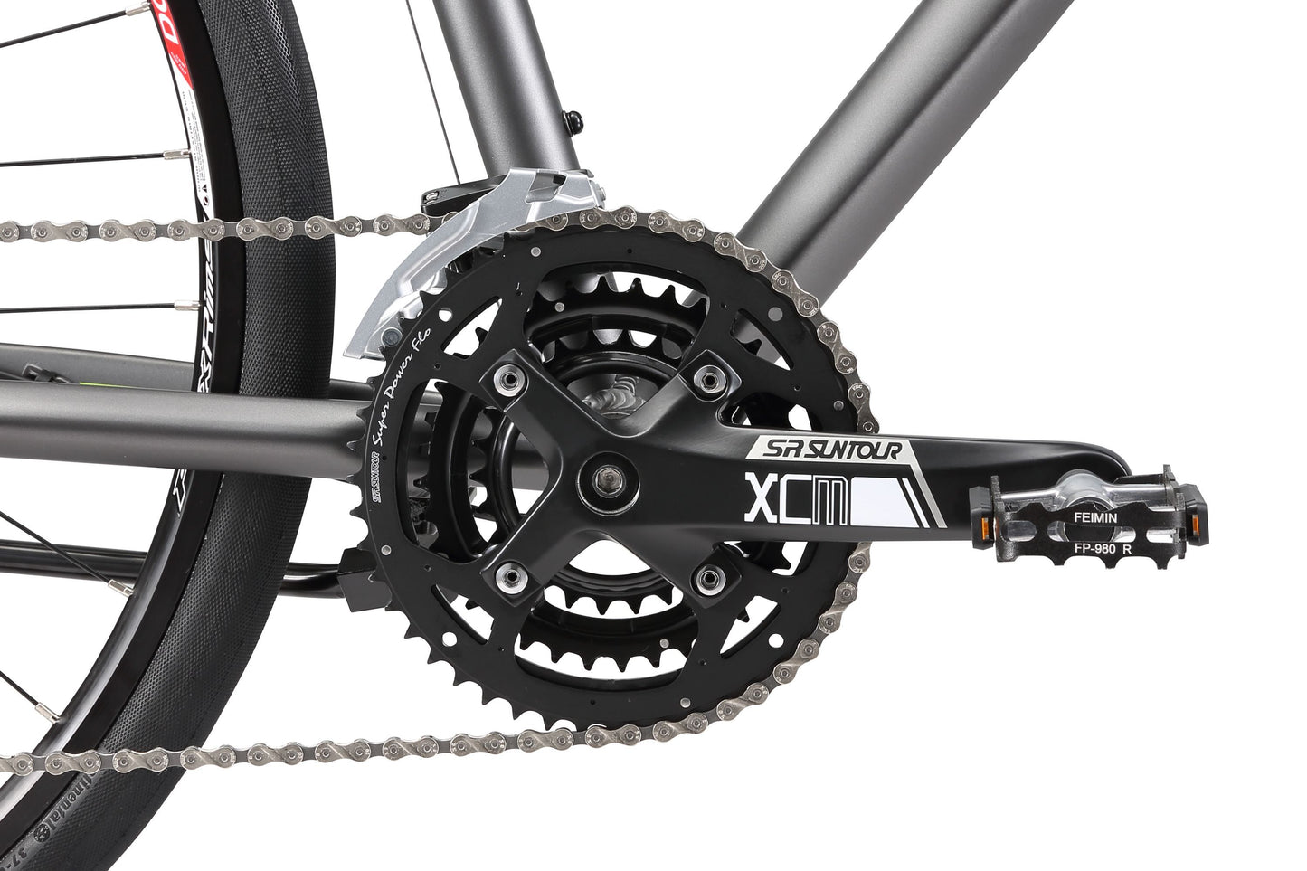 Urban X2.5 Hybrid Bike in charcoal showing drivetrain and pedal from Reid Cycles Australia