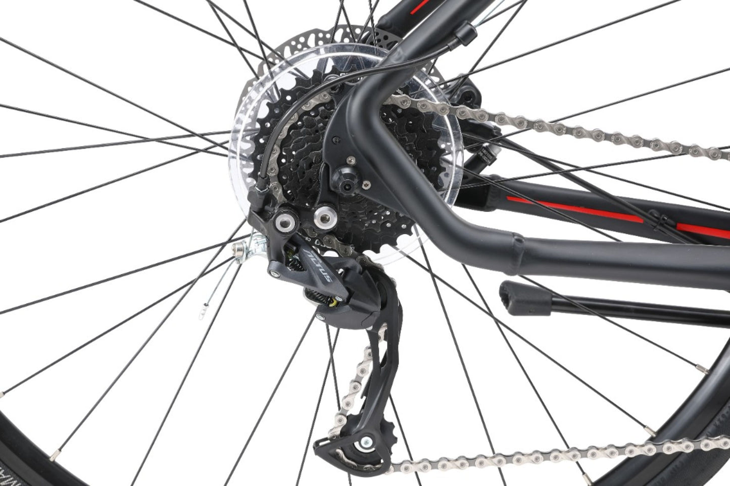 Urban X2 Hybrid Bike in Black showing Shimano 9-speed rear derailleur from Reid Cycles Australia