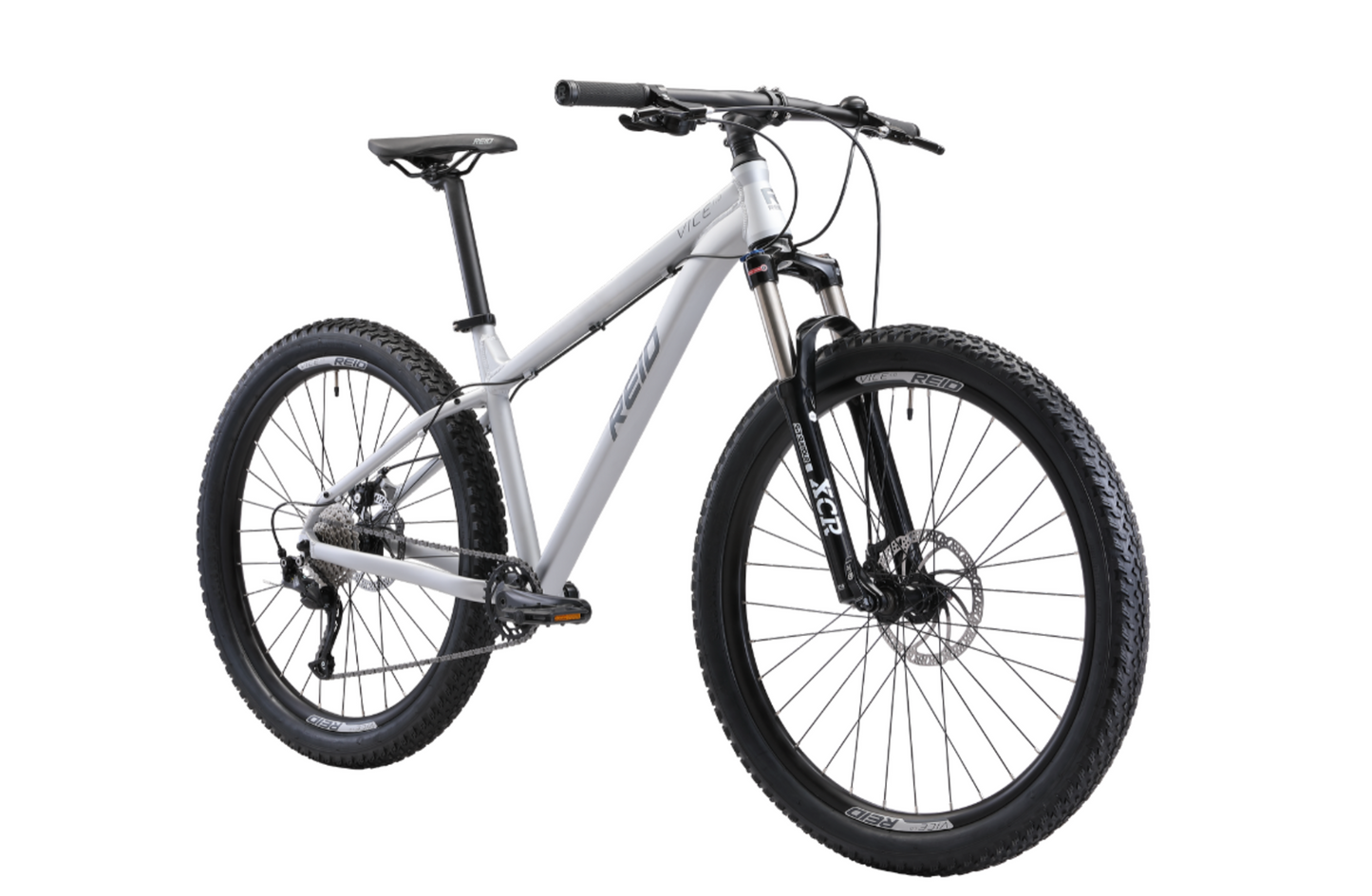 Vice 1.0 Mountain Bike in Grey showing Suntour forks from Reid Cycles Australia