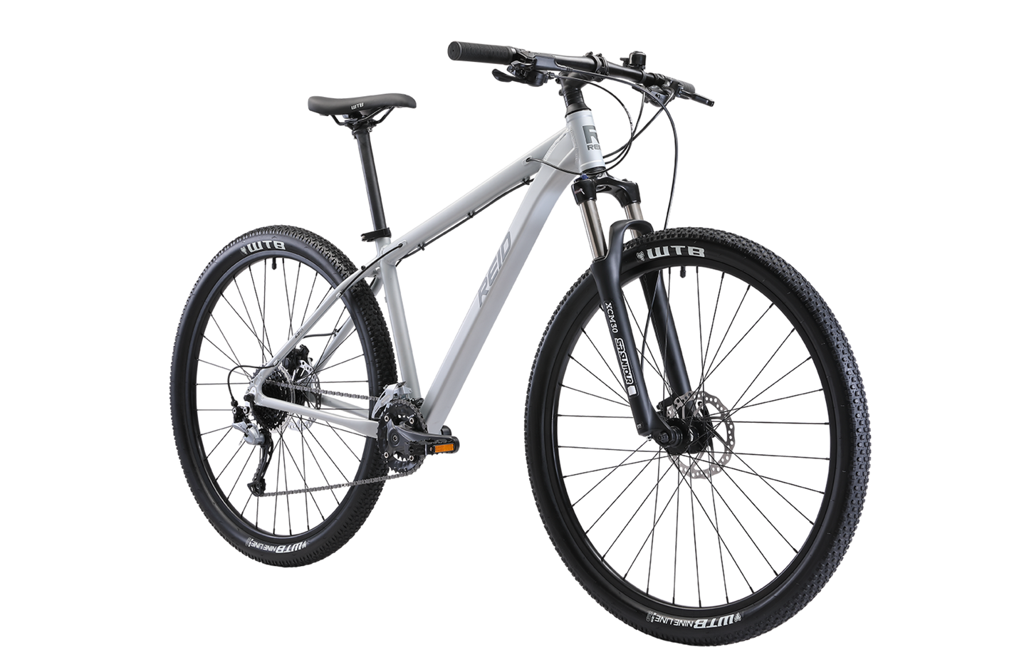 Xenon Trail Mountain Bike in grey on front angle showing Suntour fork from Reid Cycles Australia