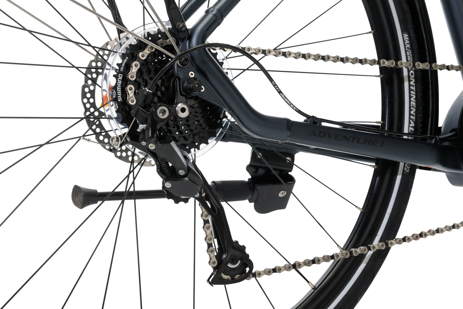 Adventure eBike in Charcoal showing shimano 9-speed rear derailluer from Reid Cycles Australia