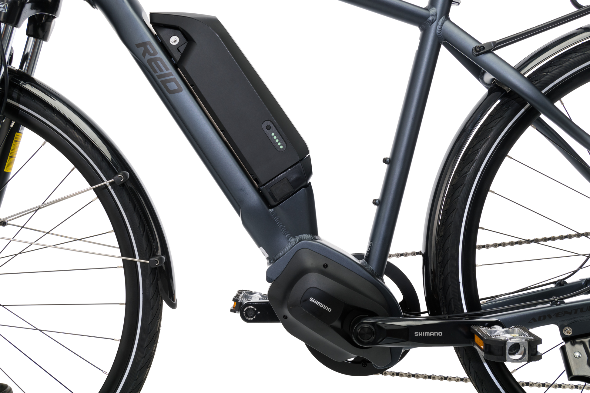 Adventure eBike in Charcoal showing Shimano motor and battery from Reid Cycles Australia 