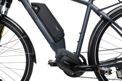 Adventure eBike in Charcoal showing Shimano motor and battery from Reid Cycles Australia 