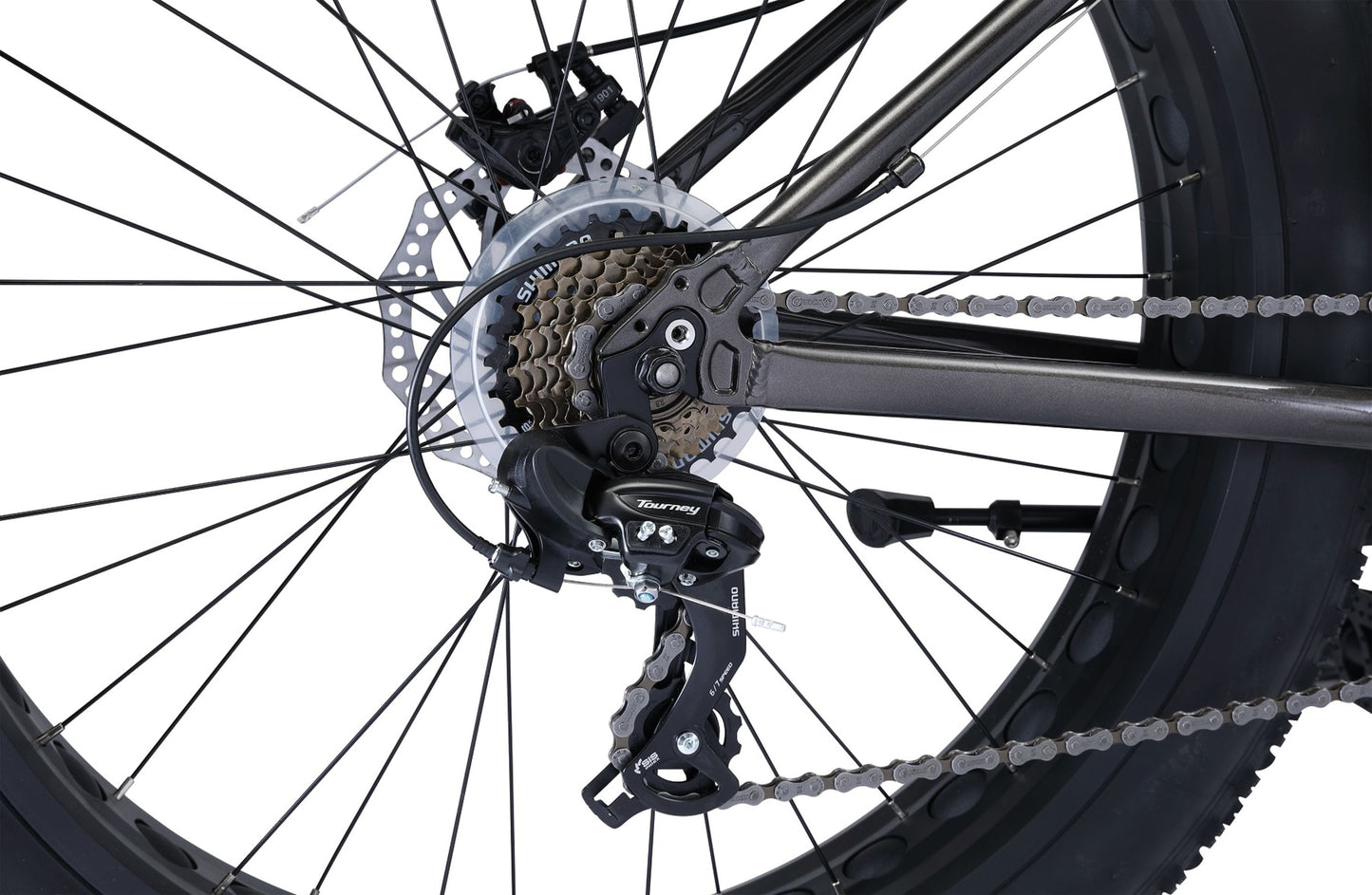 Alpha Fat Bike in Charcoal showing Shimano 7-speed rear derailleur from Reid Cycles Australia 