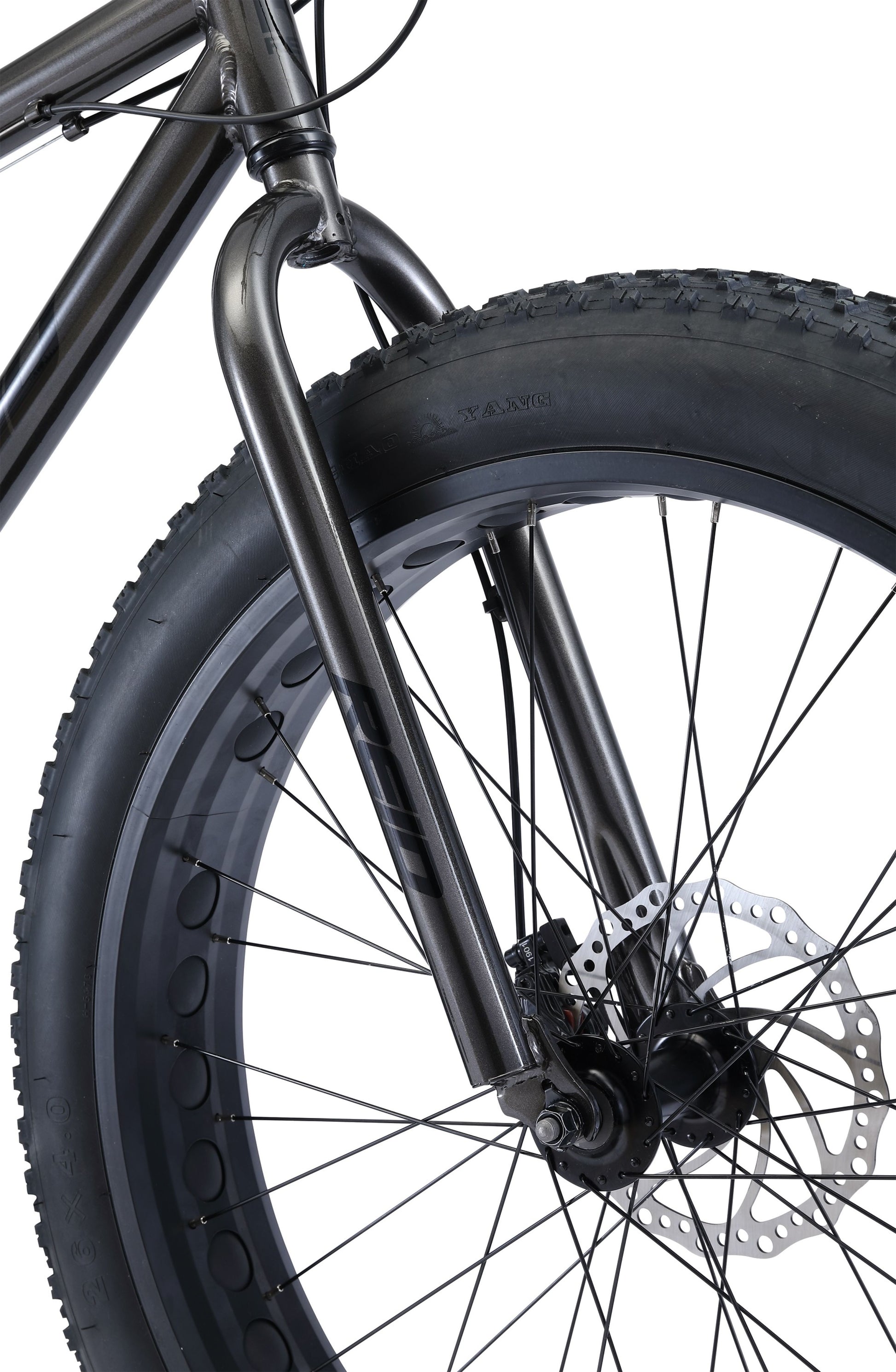 Alpha Fat Bike in Charcoal showing huge 4" fat tyres from Reid Cycles Australia 