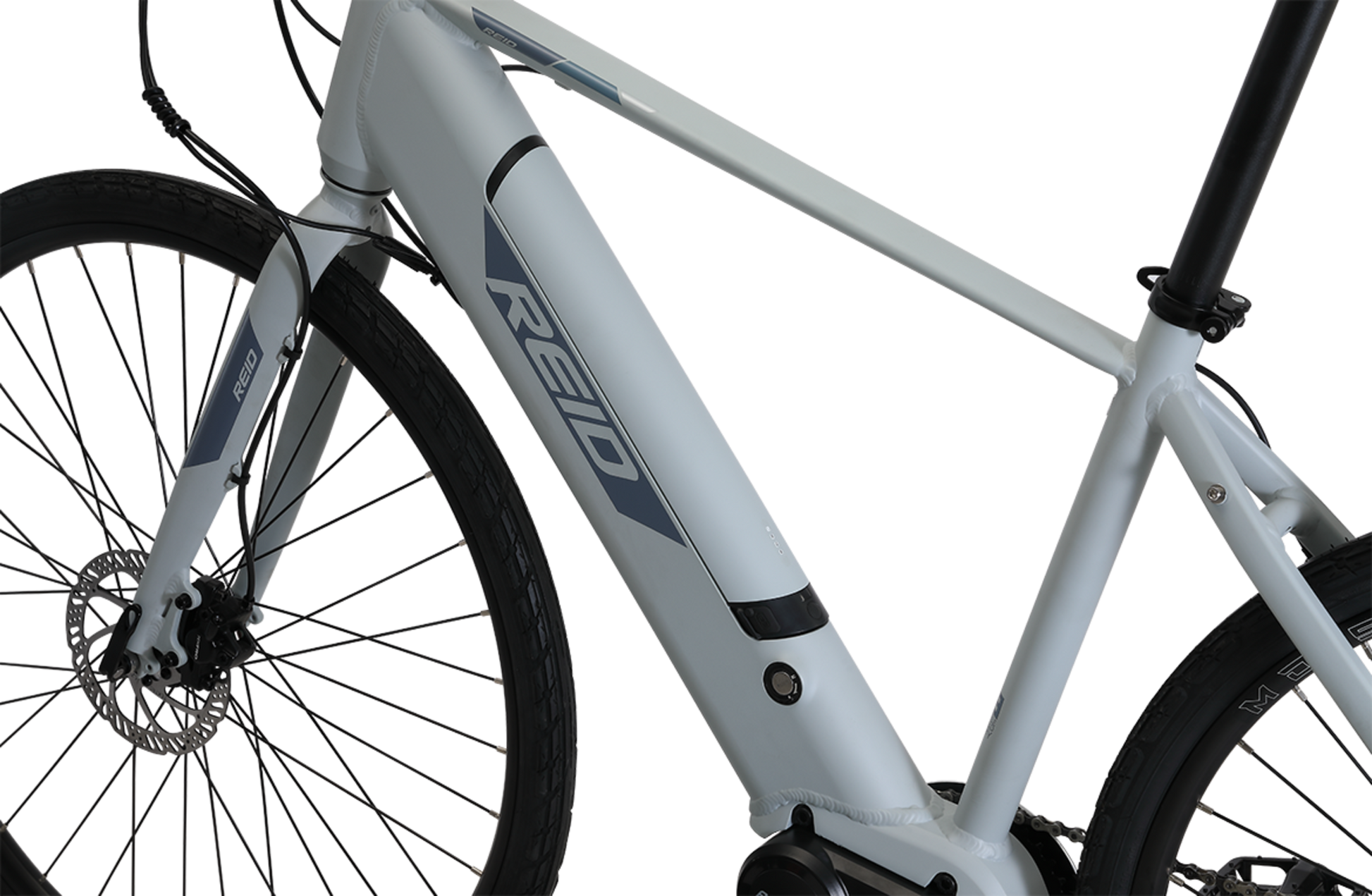Blacktop 2.0 Electric Bike in Light Grey showing Reid logo on bike frame from Reid Cycles Australia 