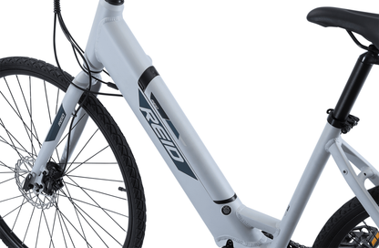 Blacktop 2.0 WSD Electric Bike in white showing Reid logo on bike frame from Reid Cycles Australia 