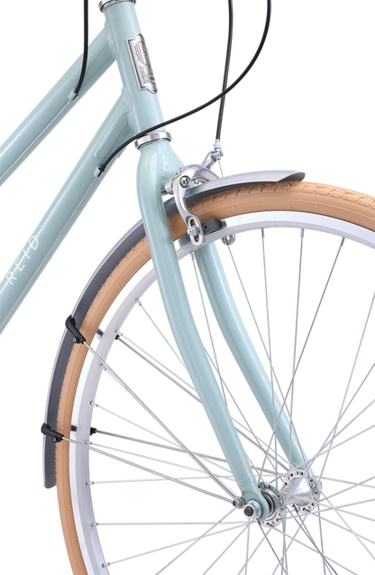Ladies Esprit Superlite Vintage bike in Sage showing front Dual-Pivot Caliper Brake from Reid Cycles Australia