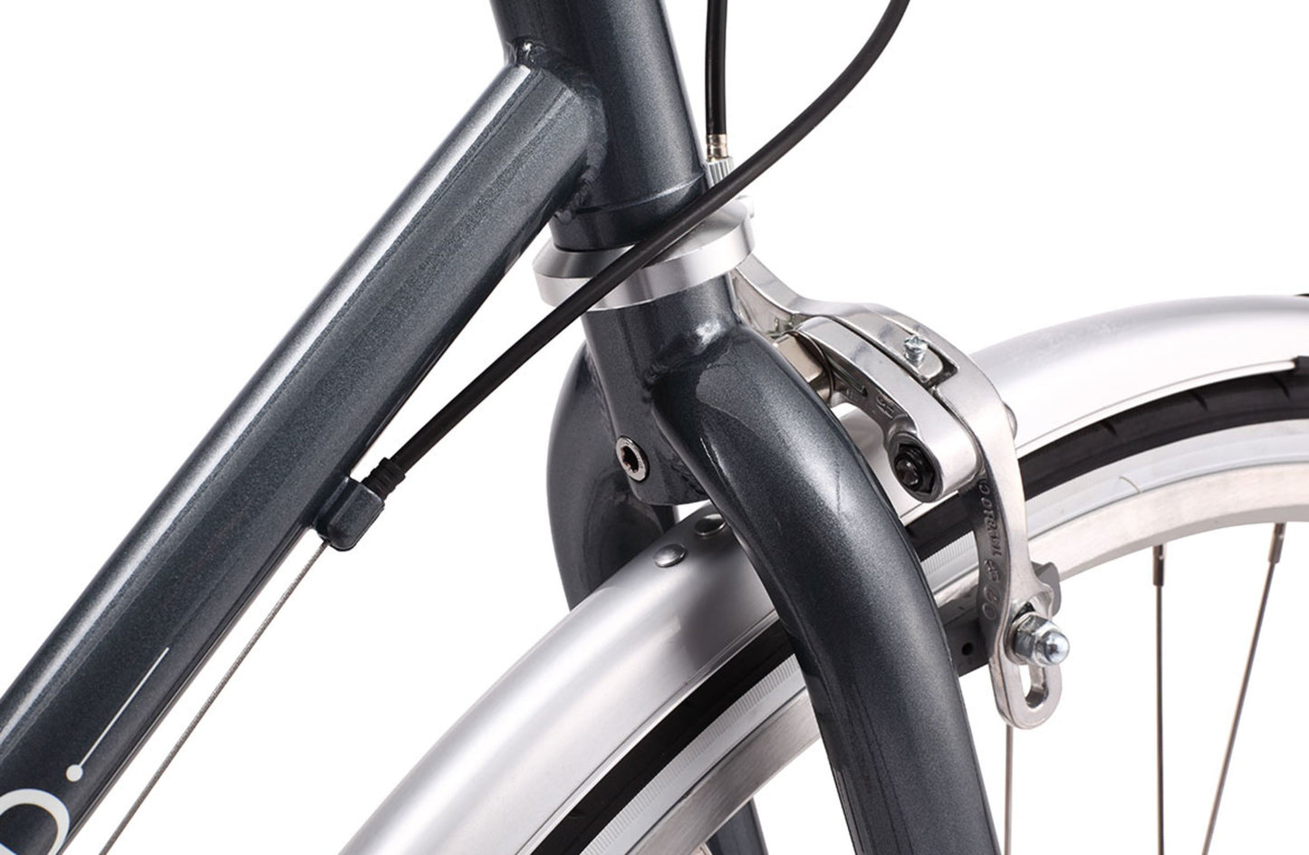 Ladies Esprit Vintage Bike in Metallic Charcoal showing front Dual-Pivot Caliper brakes from Reid Cycles Australia