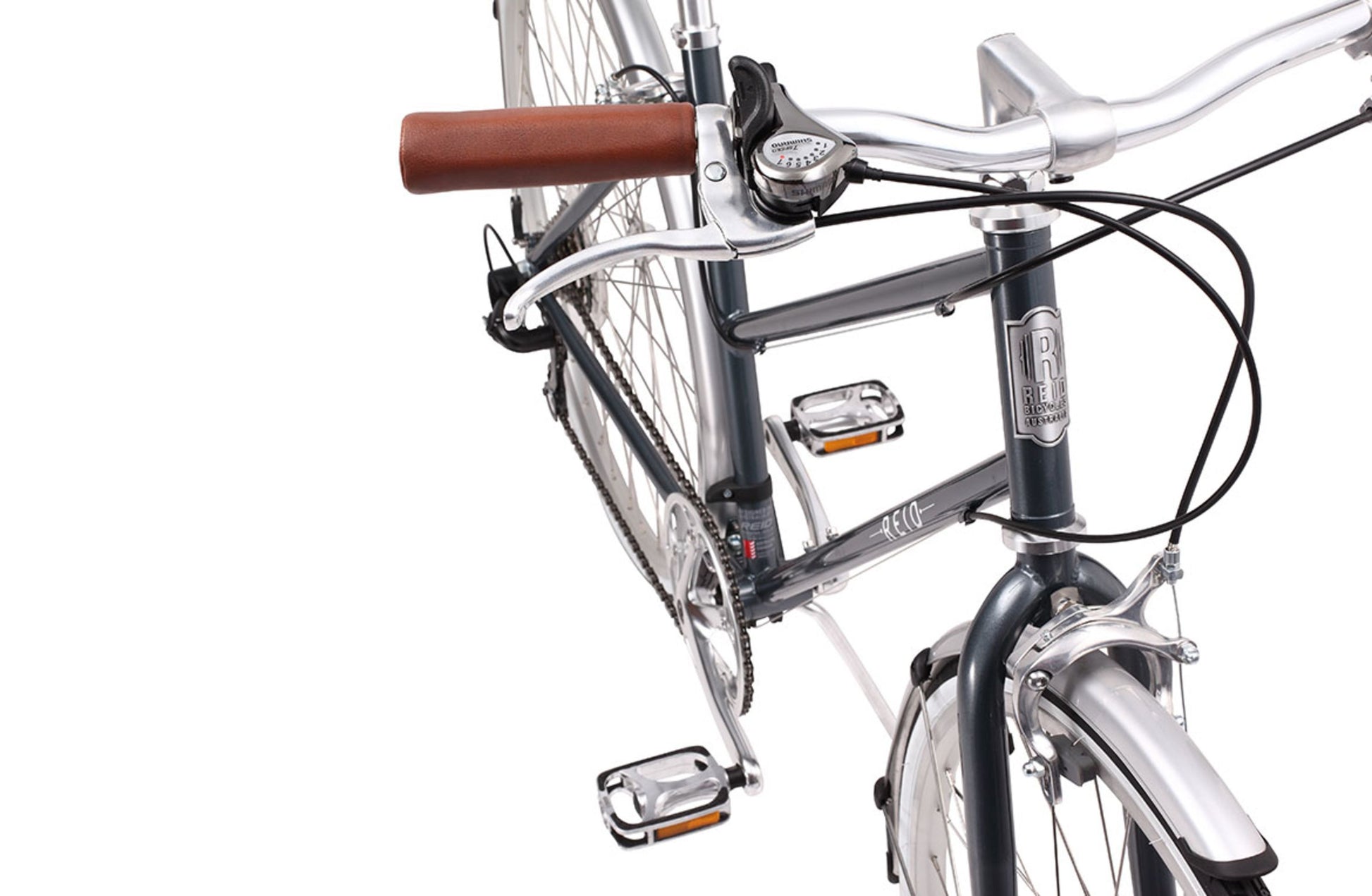 Ladies Esprit Vintage Bike in Metallic Charcoal showing vintage handlebars and Shimano shifters from Reid Cycles Australia