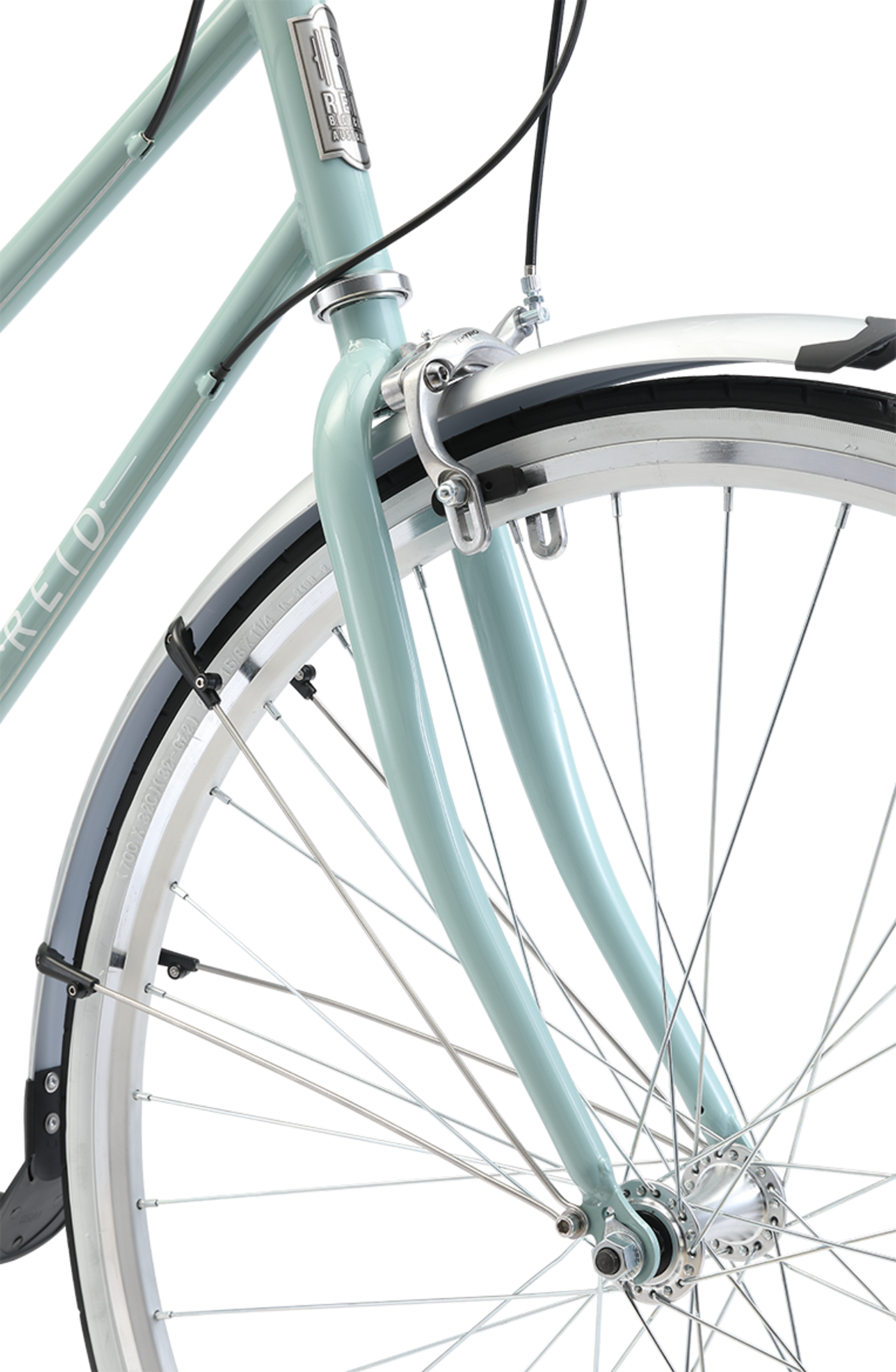 Ladies Esprit Vintage Bike in Sage showing front Dual Pivot Caliper Brakes and front mudguard from Reid Cycles Australia