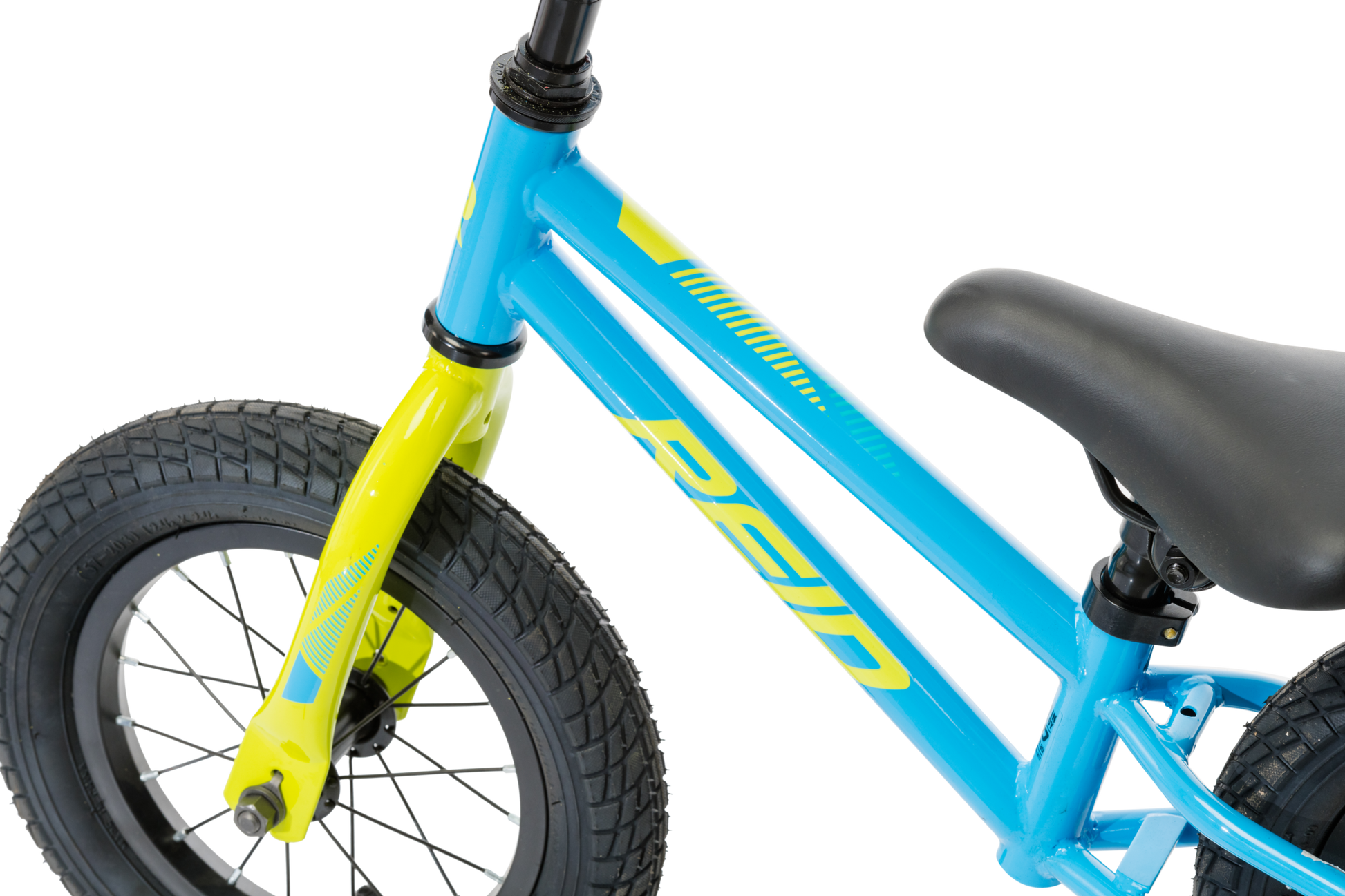 Explorer S Kids Balance Bike in Blue showing yellow Reid logo on bike frame from Reid Cycles Australia 
