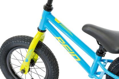 Explorer S Kids Balance Bike in Blue showing yellow Reid logo on bike frame from Reid Cycles Australia 