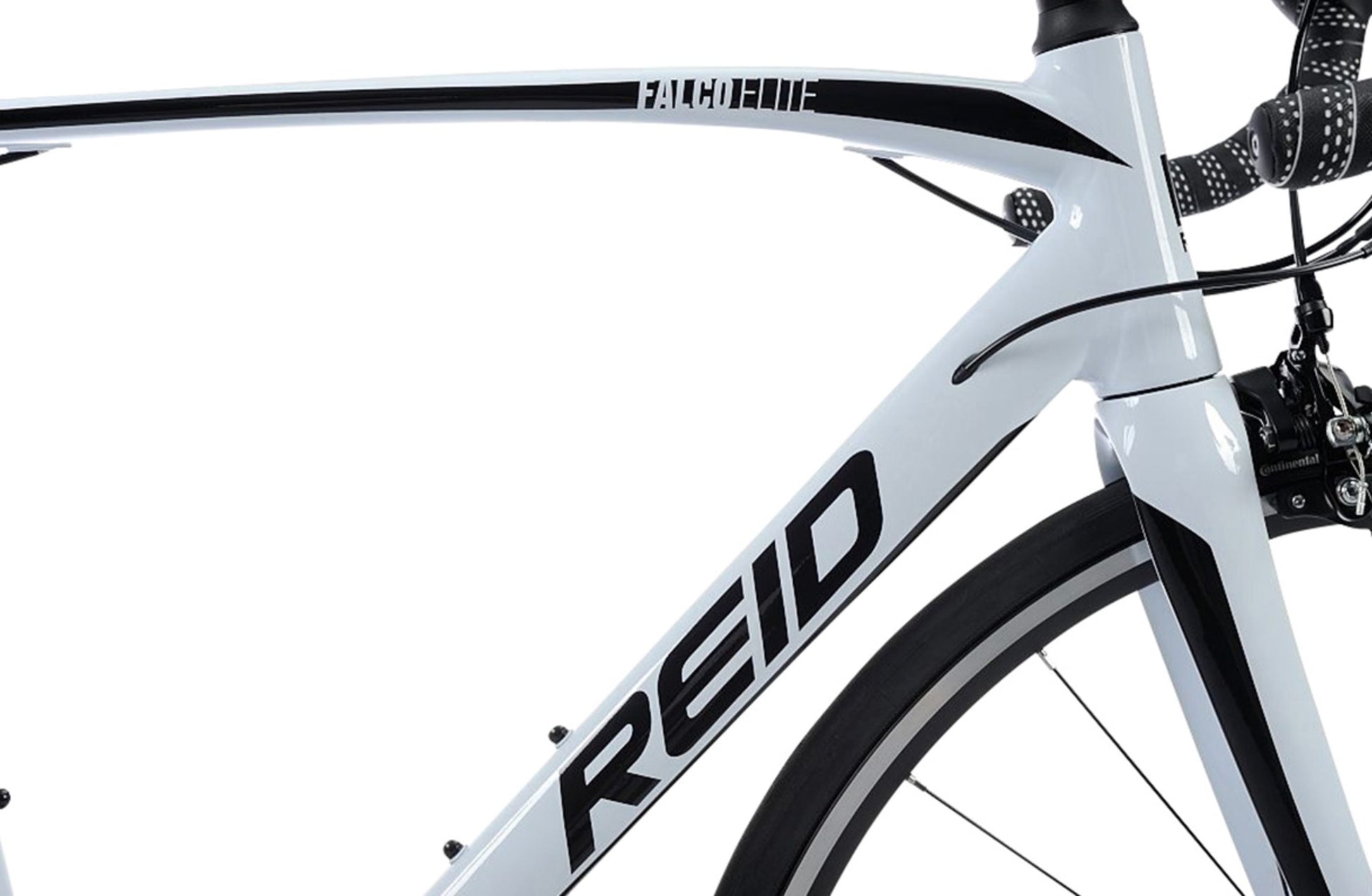Falco Elite Road Bike in White showing Black Reid Logo on downtube from Reid Cycles Australia