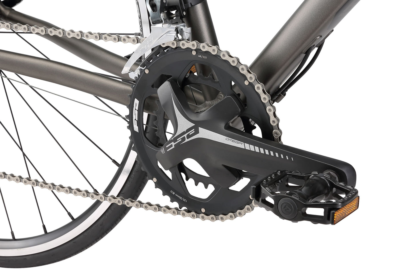 Falco Sport Road Bike in Charcoal showing FSA Omega drivetrain and pedal from Reid Cycles Australia